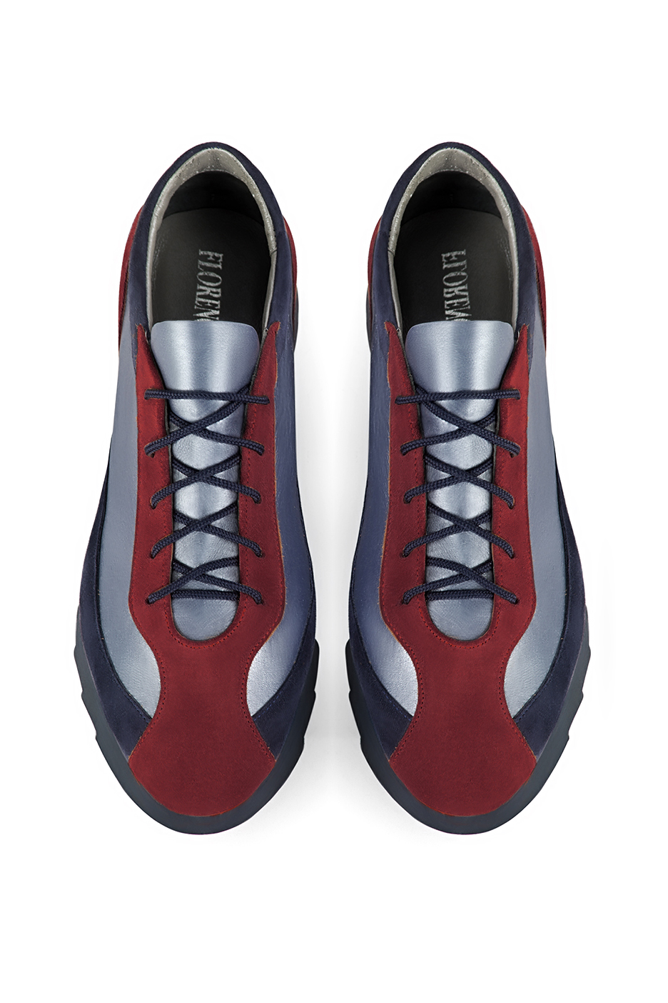 Burgundy red and denim blue women's three-tone elegant sneakers. Round toe. Low rubber soles. Top view - Florence KOOIJMAN